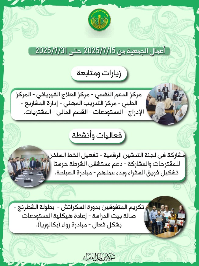 أعمال جمعية إنعاش الفقير الخيرية "من 15 حتى 31 تموز